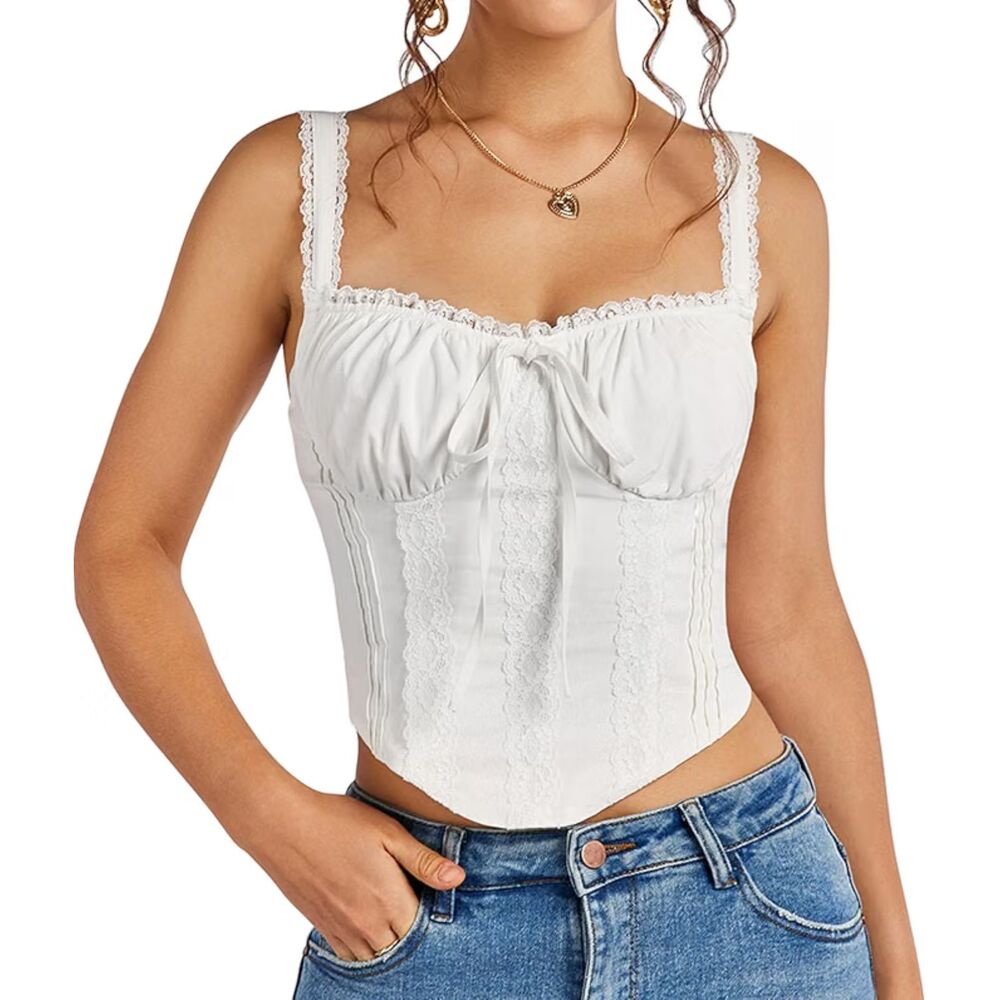 Cottage Core White Lace Corset Tank Top | Y2K Square Neck Bustier Going Out Top